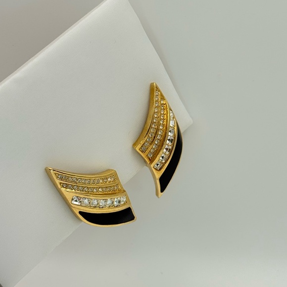 Vintage Christian Dior Gold and Black Crystal Earrings, Clip on - Picture 1 of 6